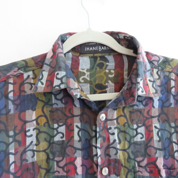 VINTAGE JHANE BARNES Abstract Checked Multicolor Button Down Shirt Men's Size M - Picture 4 of 14
